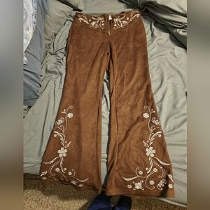 SHEIN Brown Flare Pants with White Embroidery